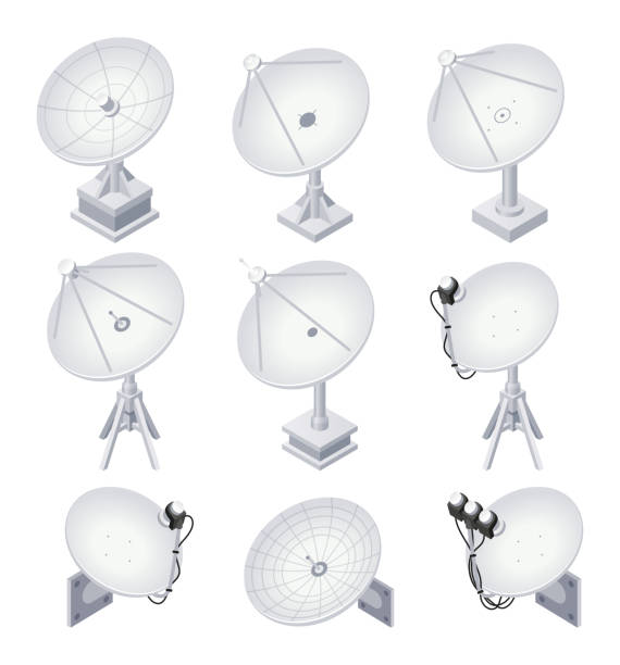 ilustrações de stock, clip art, desenhos animados e ícones de satellite dish global cyberspace connection digital information receiver set isometric vector - satélite