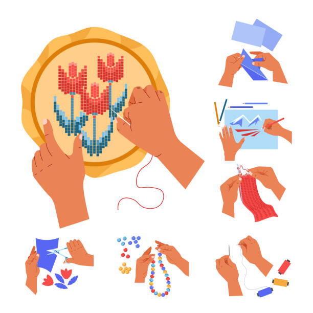 Handmade art, human hands and art or craft hobby, isolated icons Human hands, handmade art and craft hobby or pastime, isolated icons vector. Embroidery and origami, drawing and knitting, sewing and bijoutery, cutting out. Paper and needle, pencils and thread origami hand stock illustrations