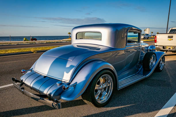 Gulfport, MS - October 02, 2023: High perspective rear corner view of a 1932 Cadillac 355B V8 Hardtop Coupe at a local car show.