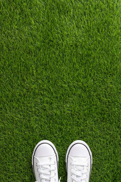 istock White vertical sneakers on fresh green grass viewed from above, symbolizing outdoor activities, simplicity, and relaxation 2161286628
