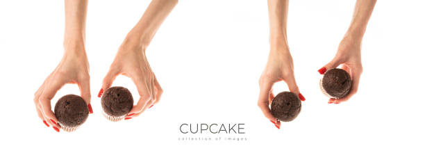 Female hand holds a brown chocolate cupcake isolated on white background