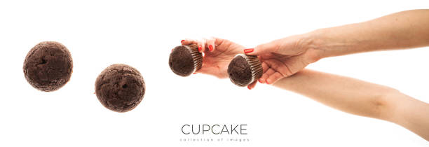 Female hand holds a brown chocolate cupcake isolated on white background