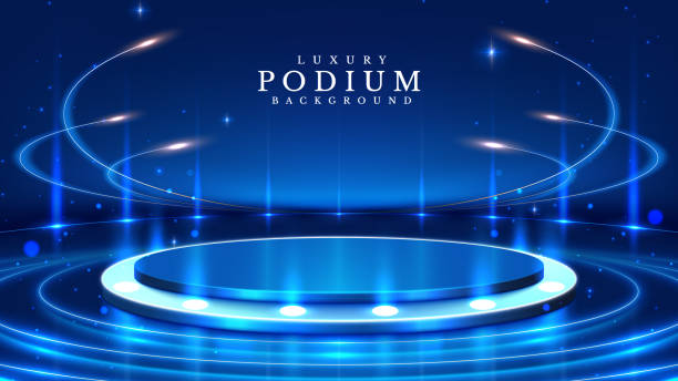 istock Empty Blue Pedestal with Bright Circular Neon Lights Surrounding It, Decorated with Bokeh Elements and Stars. Elegant Style Background for Product Promotion or Award Ceremony. Vector illustrations. 2161289100