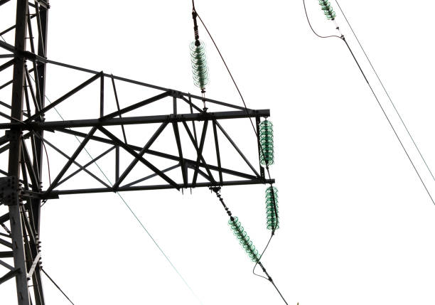 Metal electric pole with wires isolated on a white background.