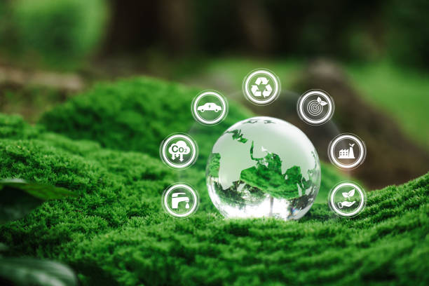 istock Crystal earth with renewable energy icon. Carbon emission low neutral, net zero, ESG, sustainable Environment.green energy. World Environment Day. Green business. 2161291328