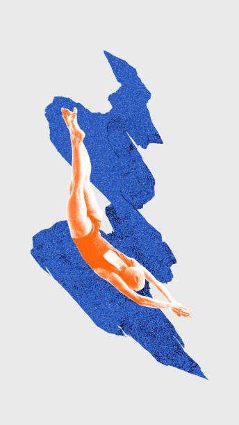 istock Female swimmer diving isolated on white background with blue abstract element. Contemporary art collage. 2161291950