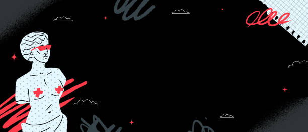 istock A black and white eccentric banner with a figure of Venus with strokes of red paint. Vector design template. 2161292524