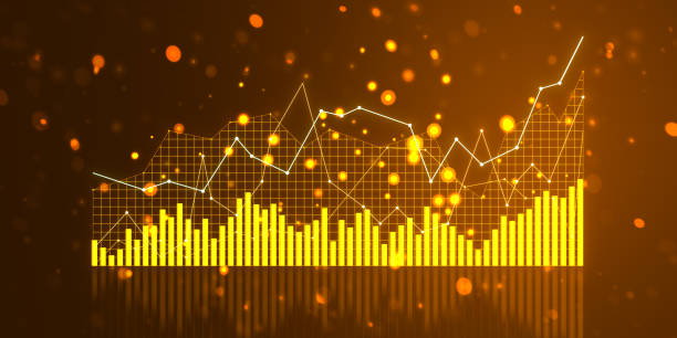 A glowing forex chart on a dark orange background illustrating financial growth, with a creative backdrop symbolizing market data analysis. 3D Rendering