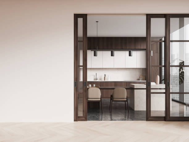 istock Beige home kitchen interior dining and cooking space, window. Mockup wall 2161293306