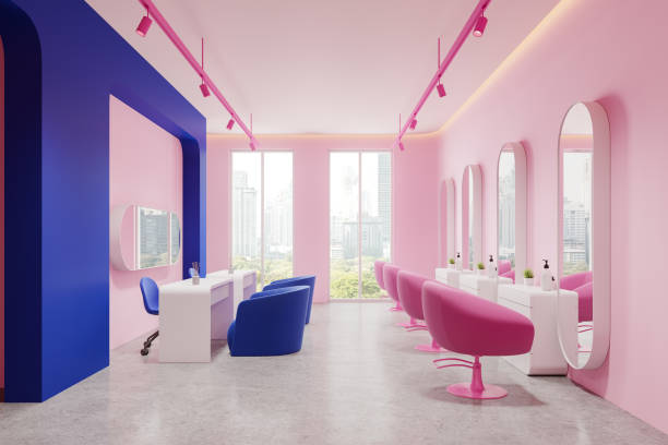 istock Bright salon interior with nail and hair workplaces, panoramic window 2161293695