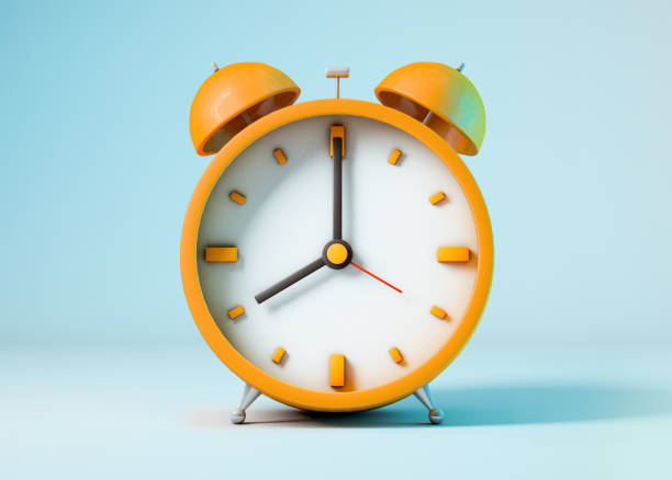 An orange alarm clock on a blue background, 3d render