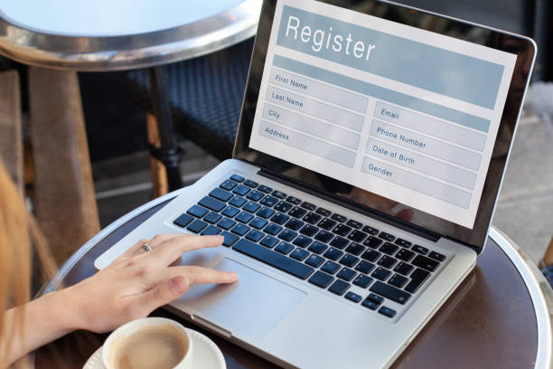 istock Sign up with online registration form, register new user, filling application form 2161294247