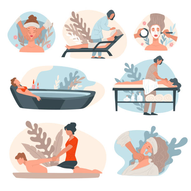 stockillustraties, clipart, cartoons en iconen met spa salon and beauty center relaxing procedures vector - gezichtsmasker