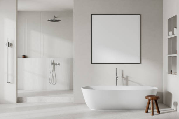 istock Hotel bathroom interior with bathtub, shower and built in shelf. Mockup frame 2161295722