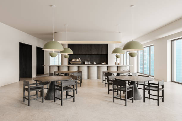 istock Stylish restaurant interior with bar island and eating space, panoramic window 2161295966