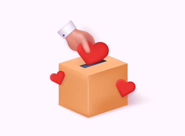 istock Donation box and love concept. Human hand putting red hearts to donation box. 3D Web Vector Illustrations. 2161299595