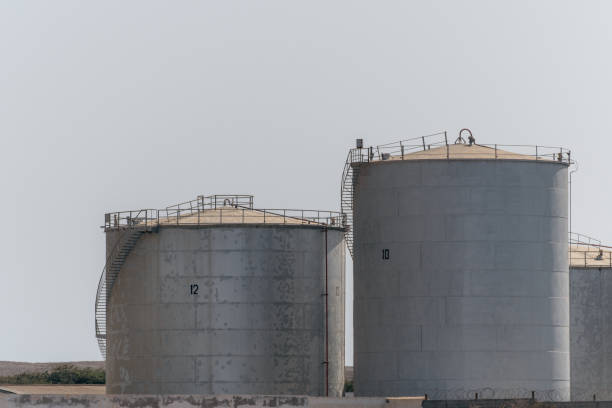 Close-up of large tank silos
