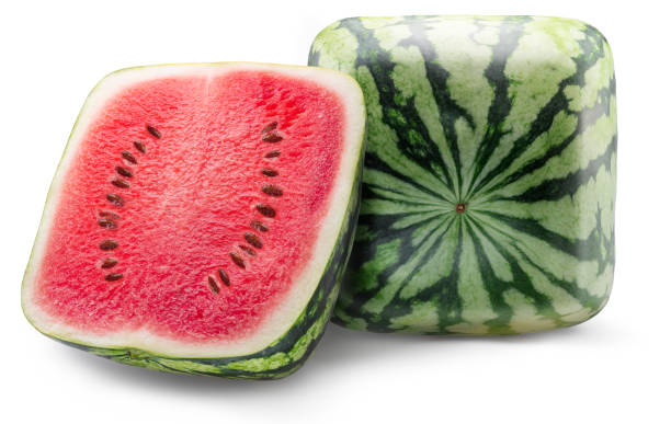 istock Square or cube striped watermelon and half of watermelon isolated on white background. File contains clipping path. 2161305522