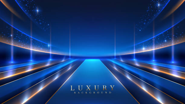 istock Bright Blue Runway with Light Streaks and Stars, Ideal for Presentations, Award Ceremony Events, and Technology-Themed Backgrounds. Luxury Scene Design Concepts. Vector illustrations. 2161309778