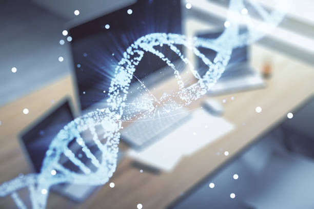 istock Creative light DNA illustration and modern desktop with pc on background, science and biology concept. Multiexposure 2161311234