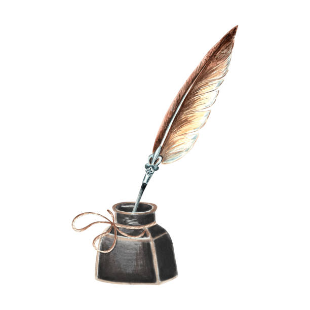 istock Feather pen and inkwell black. Hand drawn watercolor illustration isolated. Knowledge for all. Vintage writing supplies, antique ink bottle. Education concept. Clip art for website, print, sticker. 2161311951