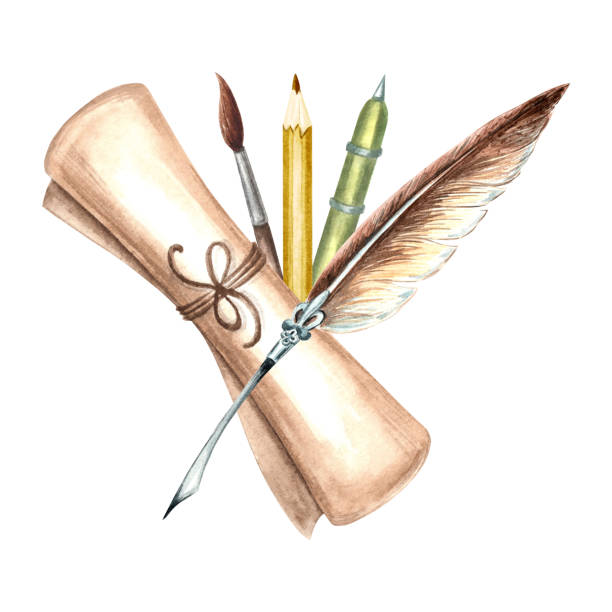 Feather pen and papyrus scroll. Pen, pencil and paint brush with Parchment. Writing supplies. Hand drawn watercolor illustration isolated. Knowledge for all. Template for sticker, website, printing. Feather pen and papyrus scroll. Pen, pencil and paint brush with Parchment. Writing supplies. Hand drawn watercolor illustration isolated. Knowledge for all. Template for sticker, website, printing clip art of scroll quill stock illustrations