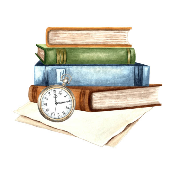 istock Book stack and pocket watch on parchment paper sheets. Hand drawn watercolor illustration isolated. Knowledge for all. Vintage composition in education concept. Clip art for card, website, sticker. 2161312475