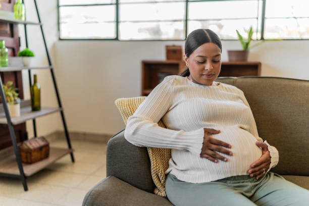 istock Young pregnant caressing the belly at home 2161313380