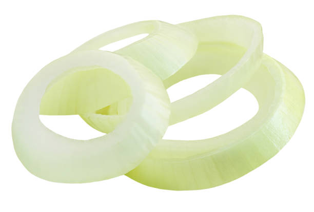 istock Onion rings  isolated on white background. Fresh white Onion pieces side view. Macro 2161313778