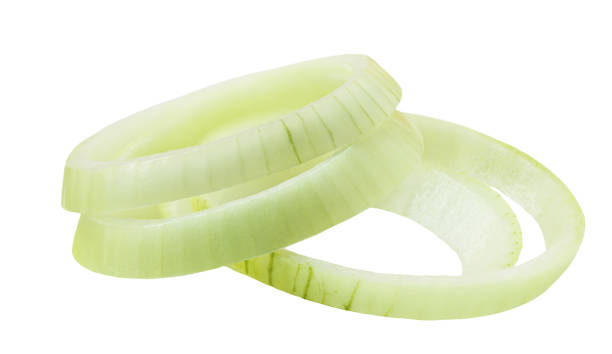 istock Onion rings  isolated on white background. Fresh white Onion pieces side view. Macro 2161313805
