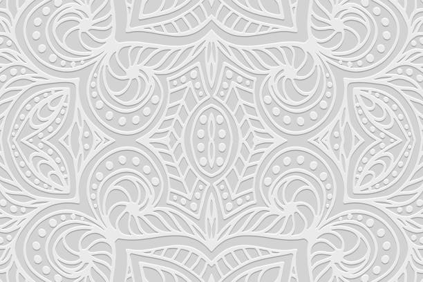 istock Embossed white lace background, cover design, banner. Geometric tribal 3D pattern. Ethnic ornaments, arabesques, mandala. Handmade exotic. Motifs of the East, Asia, India, Mexico, Aztec. 2161315881