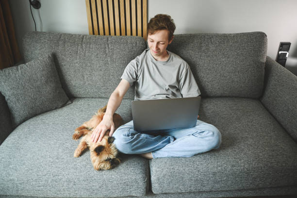 istock Teenage boy sitting on the couch using a laptop 2161316095