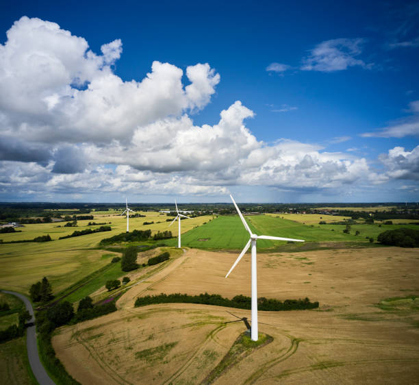 Agricultural landscape with winding road seen from drone point of view
