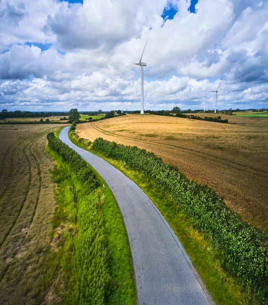Agricultural landscape with winding road seen from drone point of view