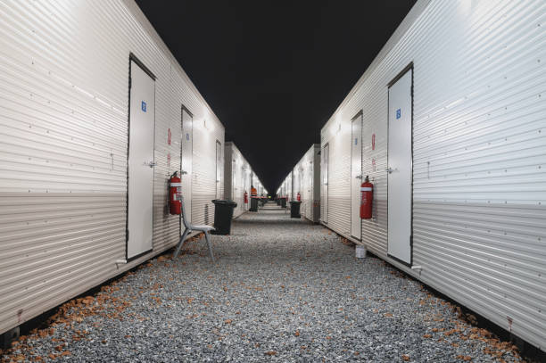 Modular, transportable, semi-mobile accommodation buildings at a mining camp in the Australian Outback, Shire of Wiluna, Western Australia. Night