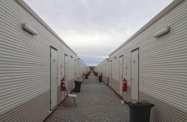 Modular, transportable, semi-mobile accommodation buildings at a mining camp in the Australian Outback, Shire of Wiluna, Western Australia. Day