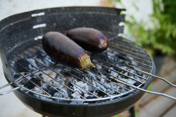 Close-up of two eggplants grilling on a charcoal barbecue outdoors. Perfect for healthy eating, vegetarian cuisine, and outdoor cooking enthusiasts.