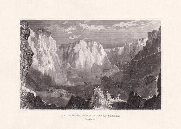 Historical view of the tin mines in Cornwall, southwest of Britain. Tin, and later copper, were the most commonly extracted metals in the region. Some tin mining continued long after the mining of other metals had become unprofitable, but ended in the late 20th century. Steel engraving, published in 1836.