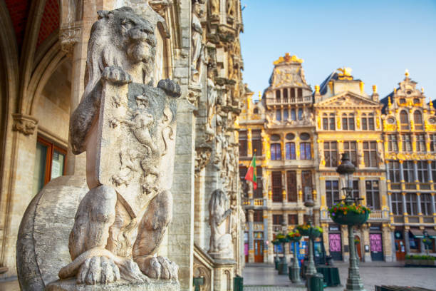 The Lion Statue at the Grand Place in Brussels is symbol of Belgium