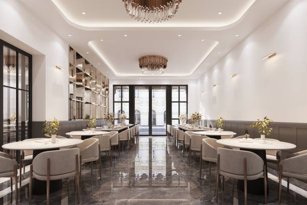 istock A sophisticated modern restaurant with a bouquet on the dining table with chairs 2161329136