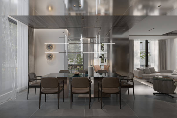 istock Clean and bright dining space with chairs, a pendant light hang up dining table 2161329160