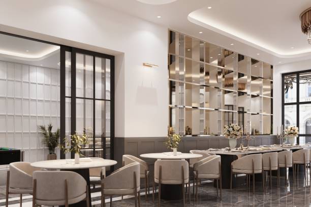 istock Modern interior design along with White walls, gray chairs with a table in a restaurant. 2161329162
