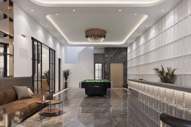 istock Interior of modern waiting zone with a comfy couch, and billiard table. 2161329165