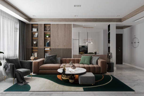 istock Retro-style interior with colorful carpet, brown sofa, and personal accessories. 2161329508
