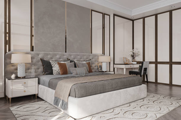istock The lamp on the console table beside bed, Elegant bed in the bedroom. 2161329749