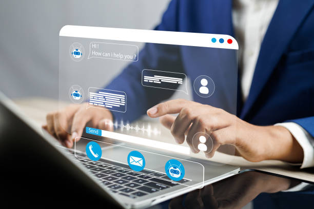 istock Businessman using AI chatbot conversation assistant in app on device for virtual assistance and customer support digital communication, Contact us Online service with AI Chatbot for efficient support. 2161334254