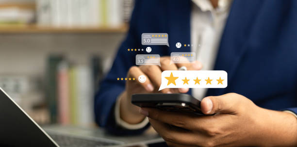 istock Online customer satisfaction Survey service concept, client rate service from experience in application,Consumer give five-Stars and feedback review for quality, Business reputation ranking from buyer 2161335019