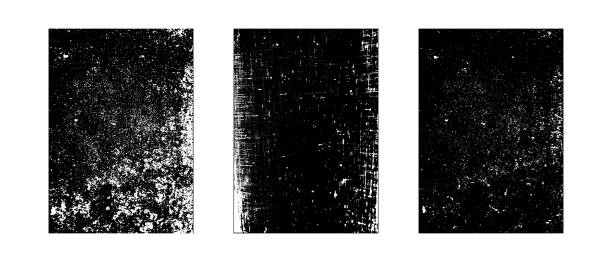 istock Set of three vintage distressed texture overlays. Black and white grunge effect for worn background. Rough dirty grainy A4 paper design. 2161336020