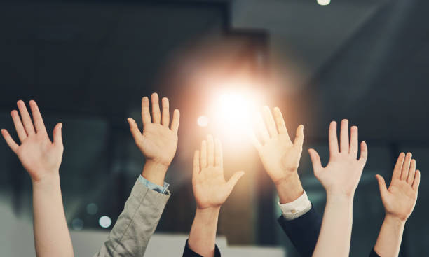 istock Palm, hands and group of business people with question for feedback in presentation, workshop and tradeshow. Corporate office, audience and workers raising hand for seminar, meeting and conference 2161337311