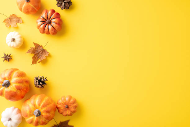 istock Autumn composition featuring various pumpkins, dried leaves, and pine cones on a bright yellow background 2161337459